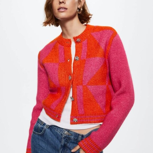 Mango Pink and Orange Geometric Cardigan - Picture 2 of 11